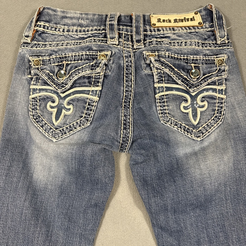 Rock Revival Jen Boot Jeans Women's 26 THICK STITCH WHISKERING EMBELISHED